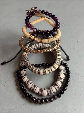 Boho Stackable Bracelet Set in Purple, Black & Cream